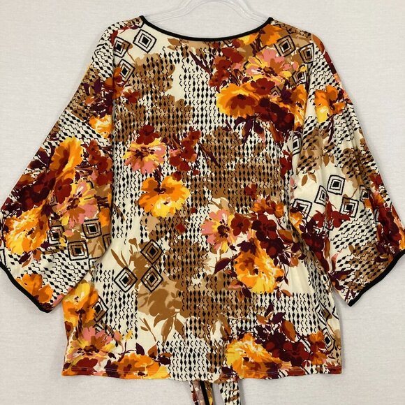 New Chenault Brown Orange Floral Stretch Knit Tie Front Feminine Blouse Large - Picture 8 of 9